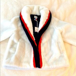 Kule White Faux Fur Jacket with Orange and Blue Trim